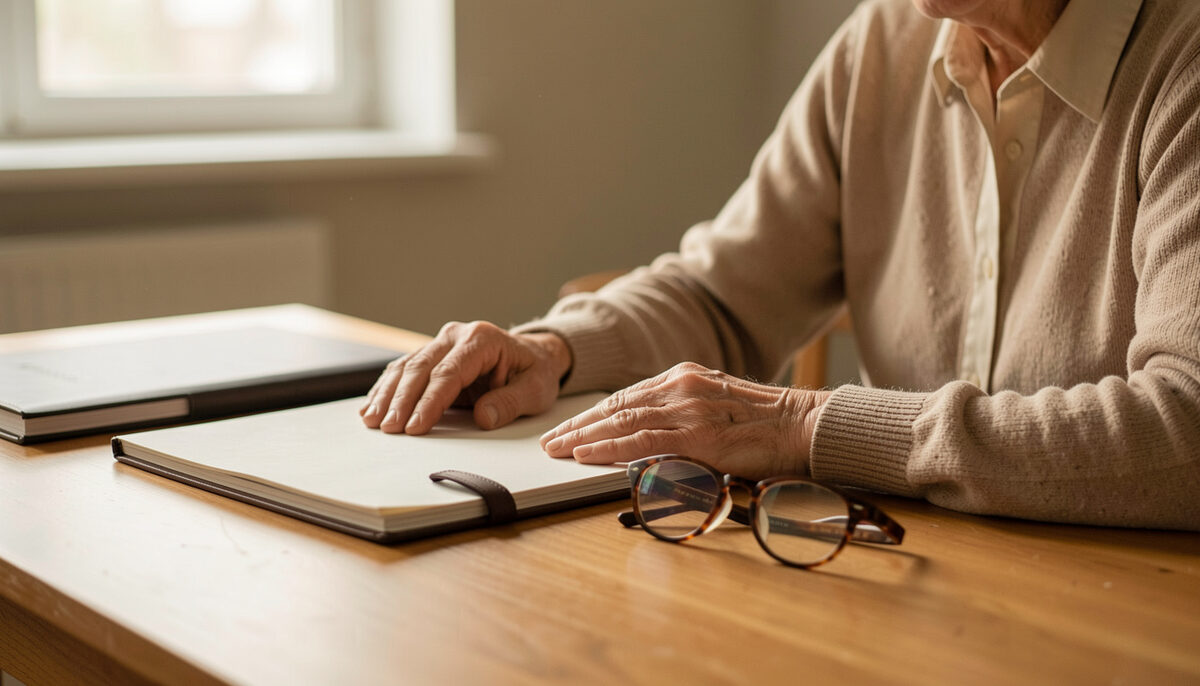An older person's hands resting on a table beside a folder and a pair of reading glasses, face out of frame, warm interior light.