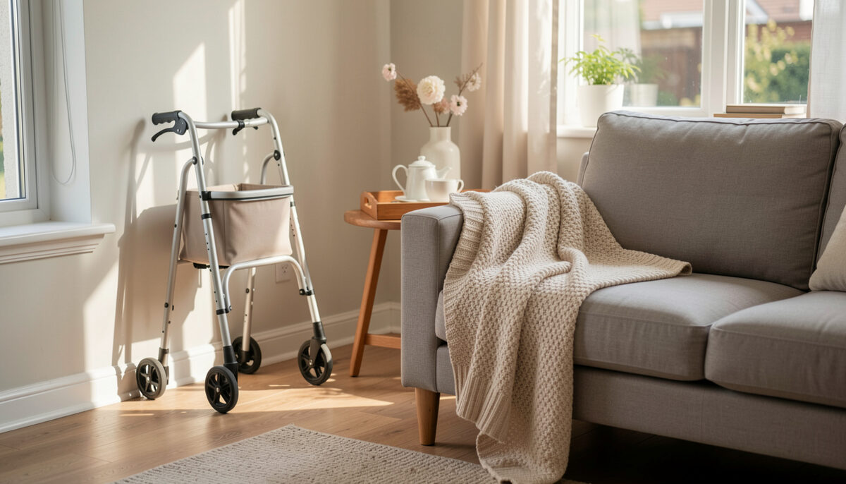 A sunny living room with a walker folded by the wall, a lap blanket and a tea tray on a side table, no people.