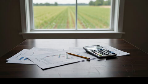 A spread of financial statements, a calculator and a pencil on a dark wood table, with a farm field visible through a window, no people.