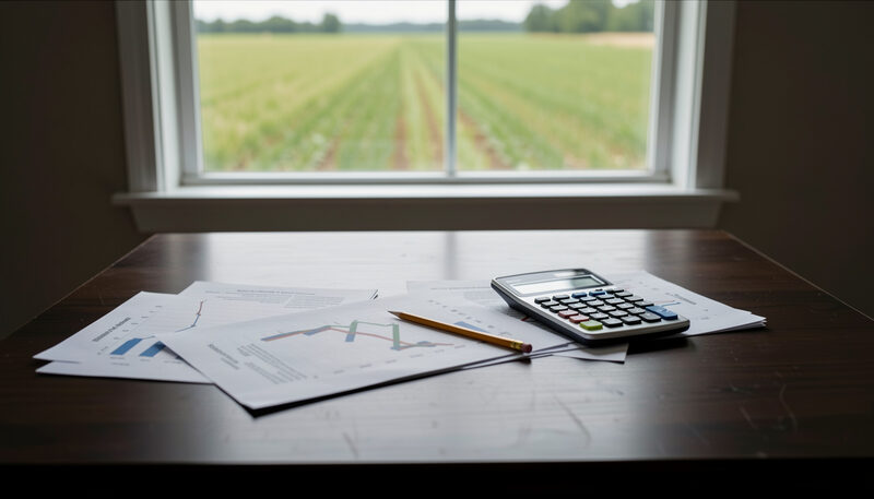 A spread of financial statements, a calculator and a pencil on a dark wood table, with a farm field visible through a window, no people.